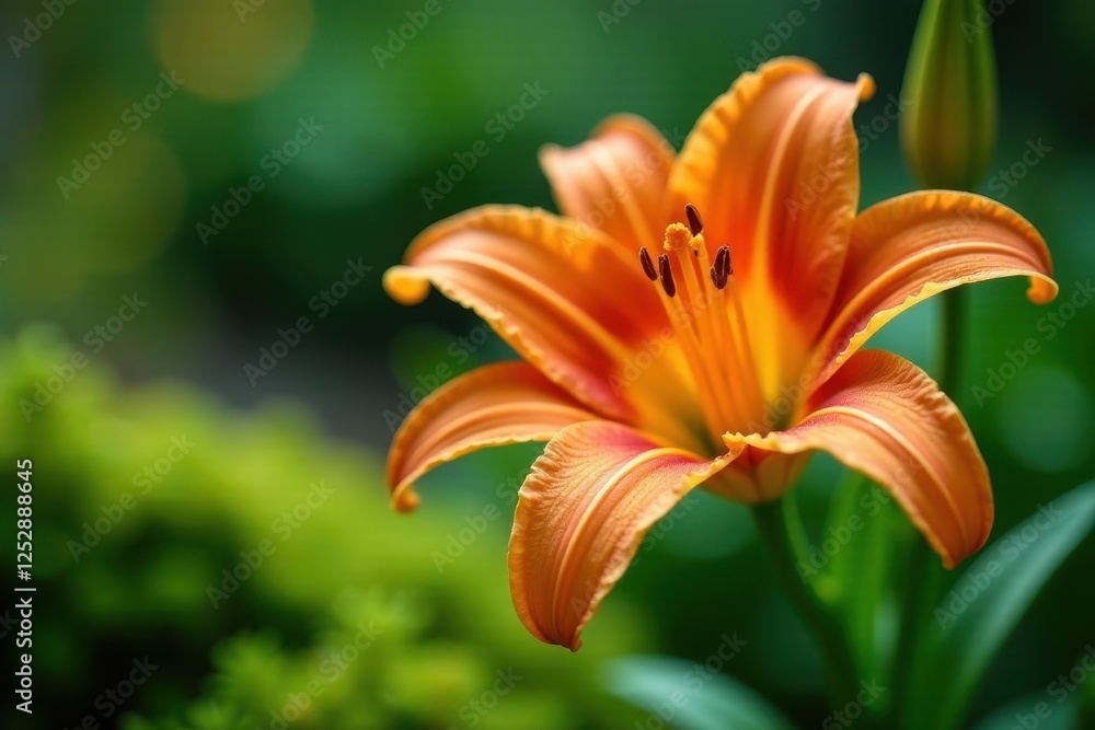 A vibrant orange lily blossom in a lush garden setting, showcasing its delicate petals and intricate details against a soft-focus background A vibrant orange lily blossom in a lush garden setting, showcasing its delicate petals and intricate details against a soft-focus background
