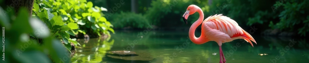 Fototapeta premium Elegant pink flamingo amidst lush green vegetation, shallow water, colorful, water, image