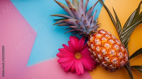 Tropical arrangement with pineapple and flowers on a colorful background