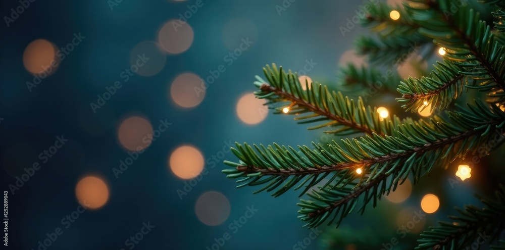 Twinkling stars light up fir branches in abstract defocused background, festive atmosphere, twinkling lights Twinkling stars light up fir branches in abstract defocused background, festive atmosphere, twinkling lights