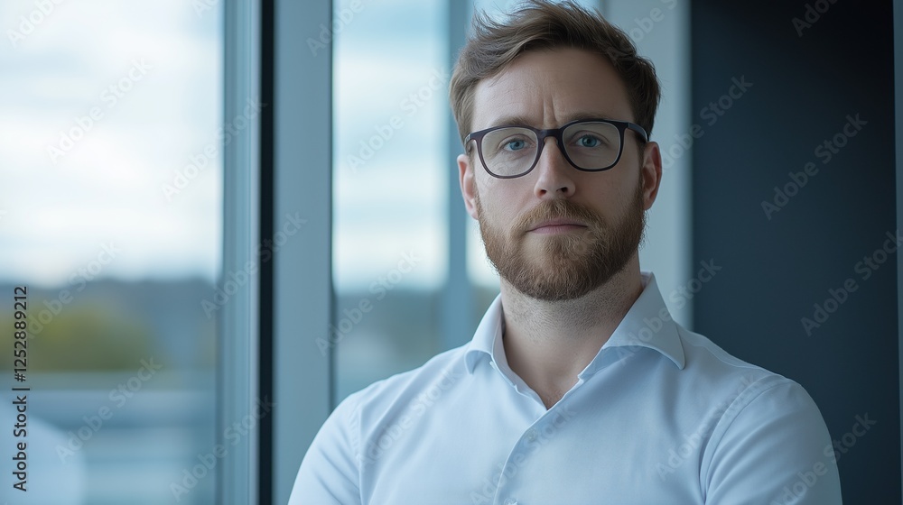 Portrait of a young man with a beard and glasses. he is standing in front of a large window with a view of a cityscape outside. Portrait of a young man with a beard and glasses. he is standing in front of a large window with a view of a cityscape outside.