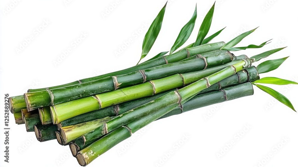 Fototapeta premium Fresh Bamboo Stalks with Green Leaves on White Background