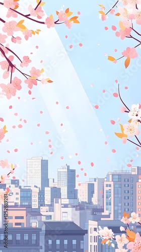 Cherry blossoms, blue sky, and city buildings in the background, in a cute style
