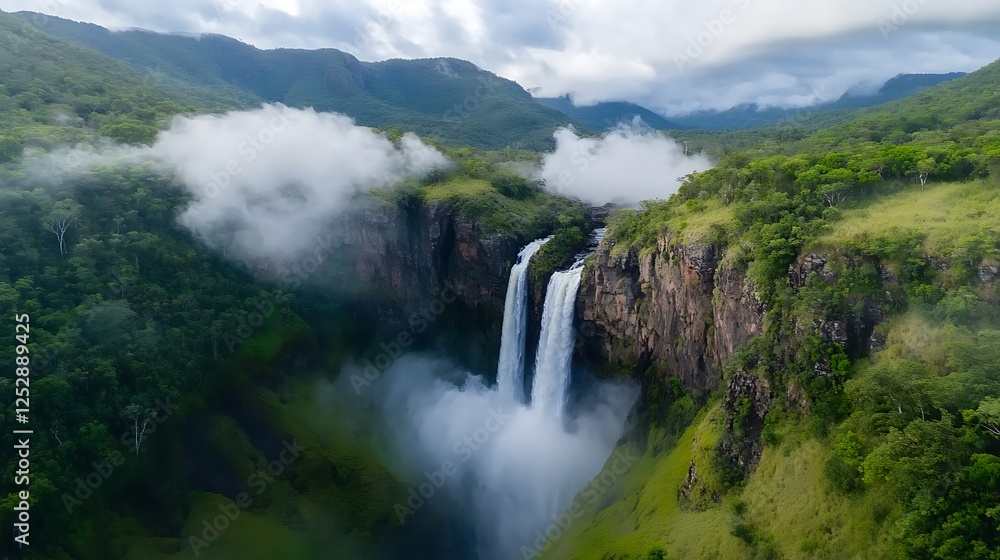 Misty Waterfall Cascading Down Rocky Mountainous Cliffs In Lush Green Tropical Rainforest Misty Waterfall Cascading Down Rocky Mountainous Cliffs In Lush Green Tropical Rainforest