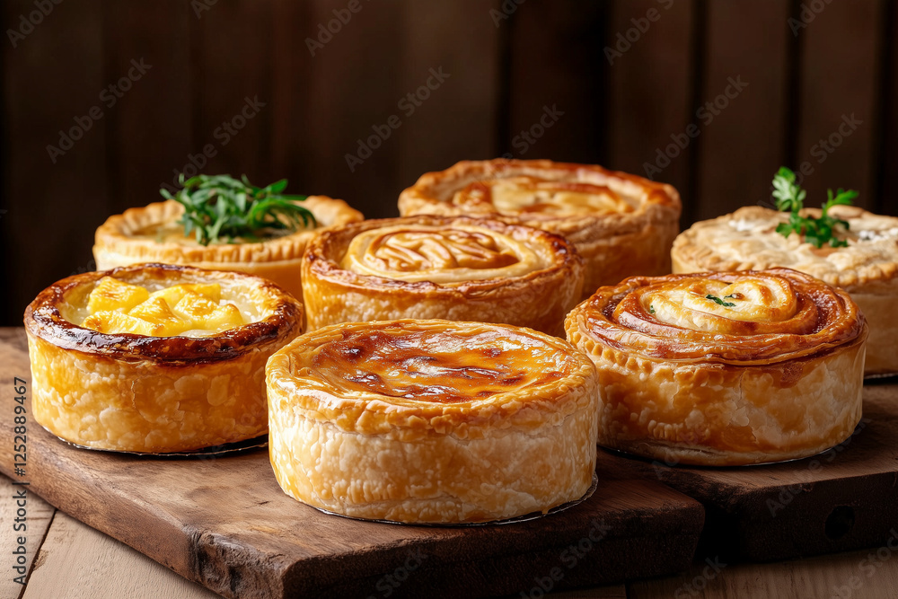 Assorted pies arranged beautifully with various toppings on a rustic table with copy space. Soft lighting. Assorted pies arranged beautifully with various toppings on a rustic table with copy space. Soft lighting.