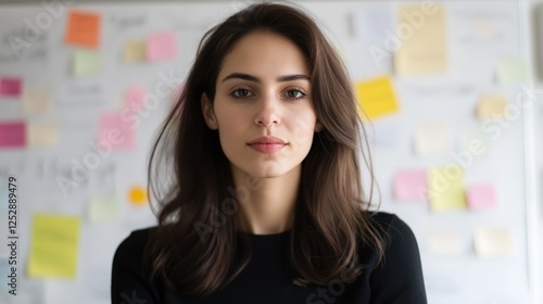 Portrait of a young woman with shoulder-length brunette hair. she is standing in front of a whiteboard covered in colorful sticky notes. Free Download Portrait of a young woman with shoulder-length brunette hair. she is standing in front of a whiteboard covered in colorful sticky notes. - GFXLoad
