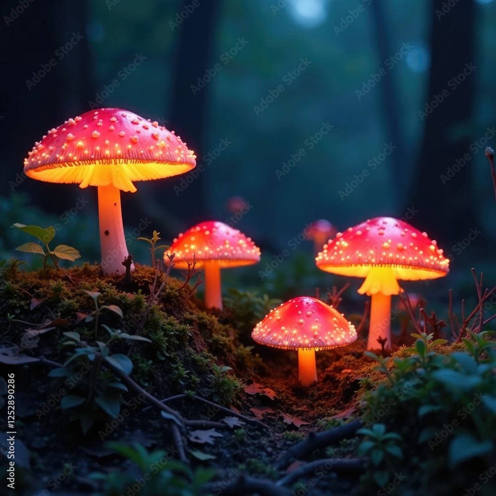 Glowing mushrooms in a dense thicket of brambles, brambles, overgrown Glowing mushrooms in a dense thicket of brambles, brambles, overgrown