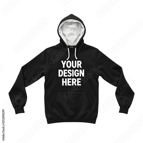 A black hoodie with a white YOUR DESIGN HERE text on the front.