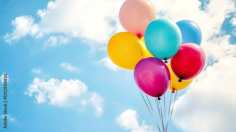 Colorful balloons floating in a bright blue sky with fluffy white clouds. Colorful balloons floating in a bright blue sky with fluffy white clouds.