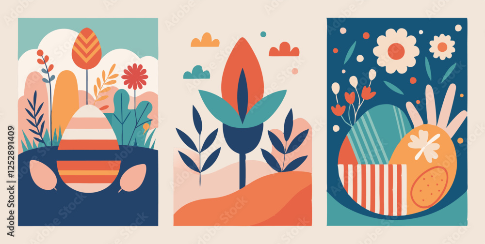 Easter poster collection with abstract floral and egg designs Easter poster collection with abstract floral and egg designs