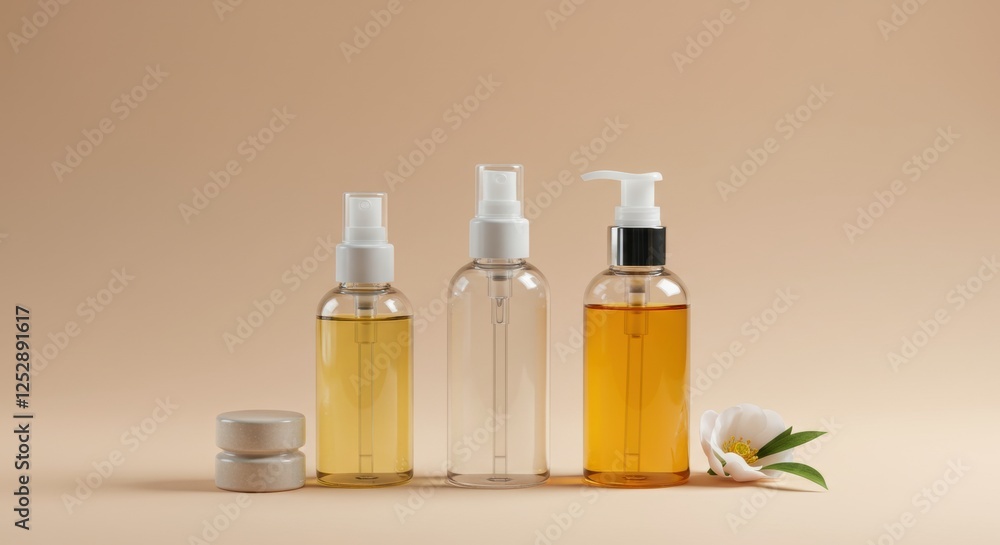 Elegant cosmetic bottles with minimalist design on neutral background Elegant cosmetic bottles with minimalist design on neutral background