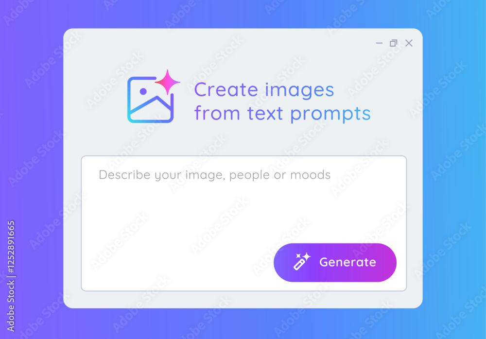 Generative AI generate create image photo with artificial intelligence user interface application bright gradient create graphic art from text prompt button form Generative AI generate create image photo with artificial intelligence user interface application bright gradient create graphic art from text prompt button form