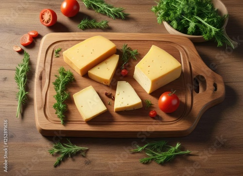 Wooden cutting board with a cheese wheel and a few garnishes like parsley or rosemary, kitchen, food photo