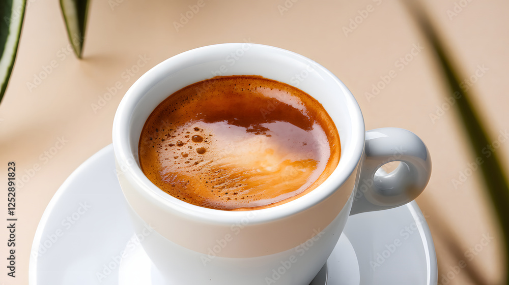Close-up of a white coffee cup filled with espresso on a beige surface, surrounded by soft green leaves. Close-up of a white coffee cup filled with espresso on a beige surface, surrounded by soft green leaves.