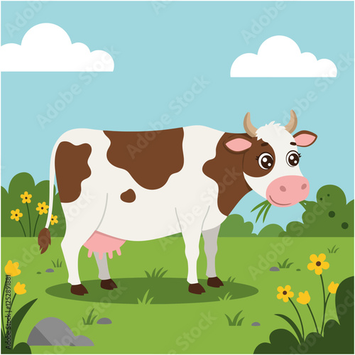 Cute Cartoon Cow Grazing in Sunny Pasture