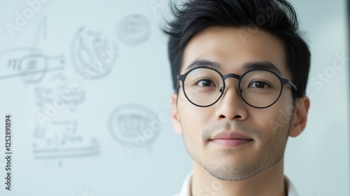 Close-up portrait of a young asian man wearing round black-framed glasses. he is looking directly at the camera with a slight smile on his face.
