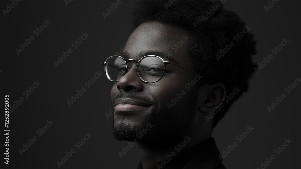 Obraz premium Portrait of a young african-american man with a serious expression on his face. he is wearing round, silver-framed glasses with thin metal frames.