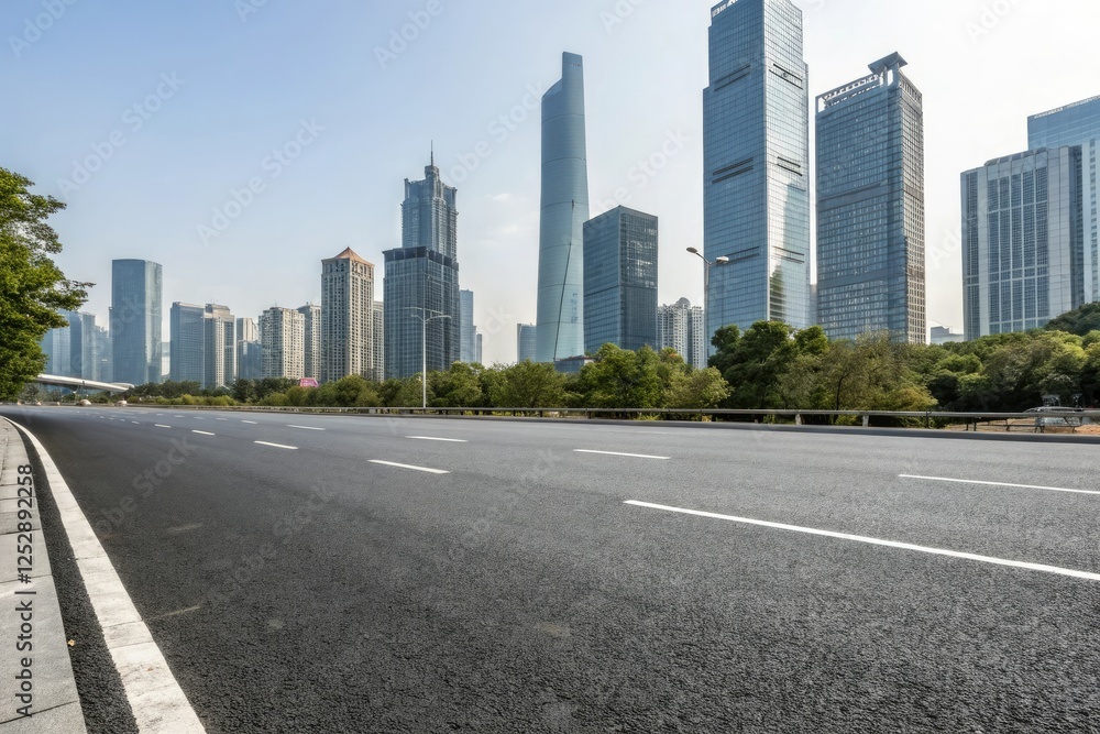 Wide asphalt road stretching through a modern cityscape with sleek skyscrapers and glass towers in the background, modern city, cityscape Wide asphalt road stretching through a modern cityscape with sleek skyscrapers and glass towers in the background, modern city, cityscape