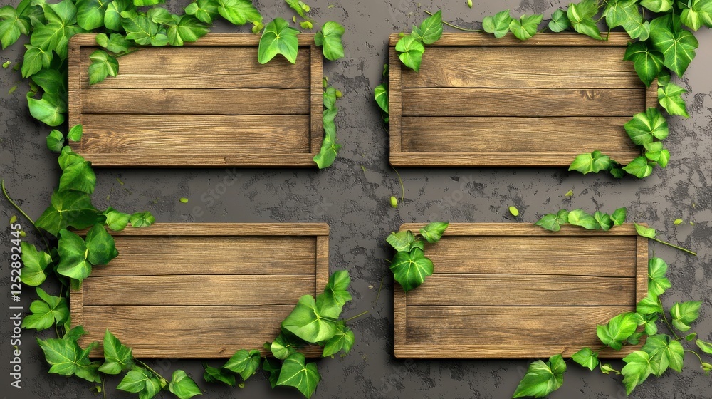 Rustic Wooden Frames Surrounded by Lush Green Ivy Leaves Rustic Wooden Frames Surrounded by Lush Green Ivy Leaves