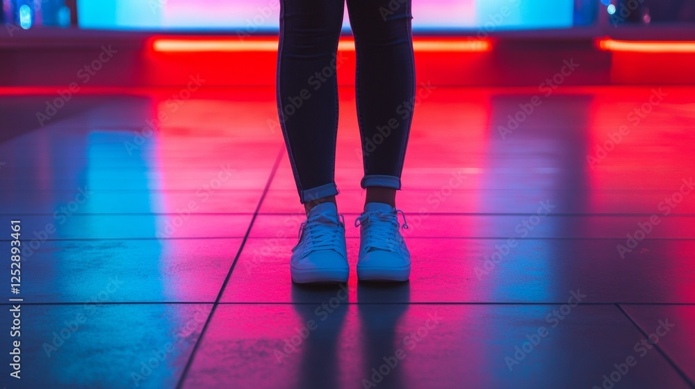 Silhouette of a person standing on a neon-lit floor Silhouette of a person standing on a neon-lit floor