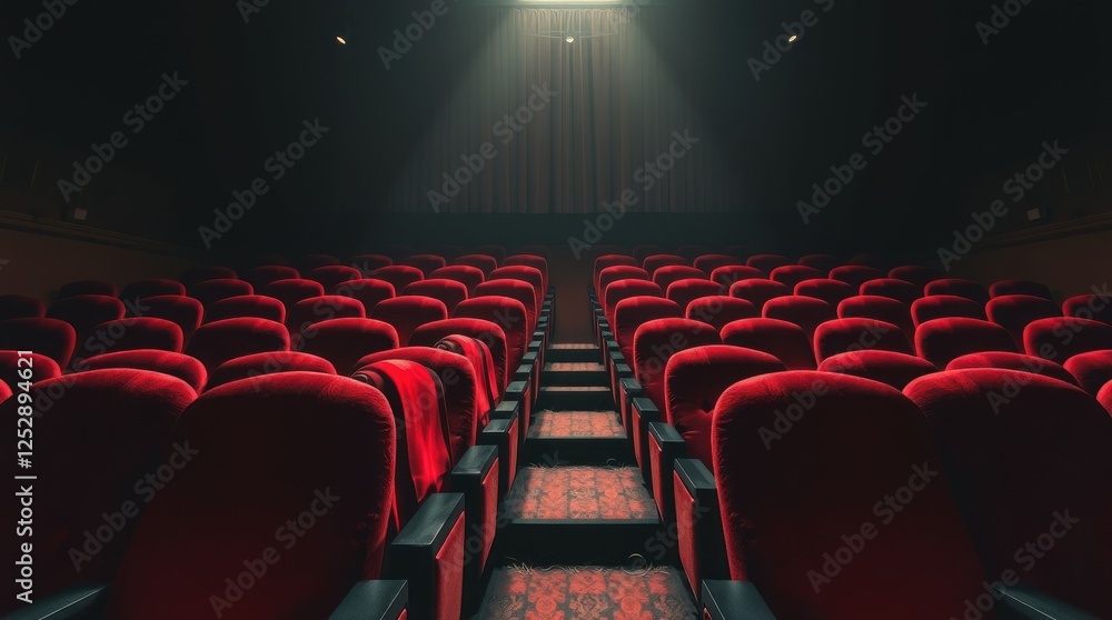 Fototapeta premium Empty cinema hall with red velvet seats illuminated by a beam of light, creating a dramatic atmosphere