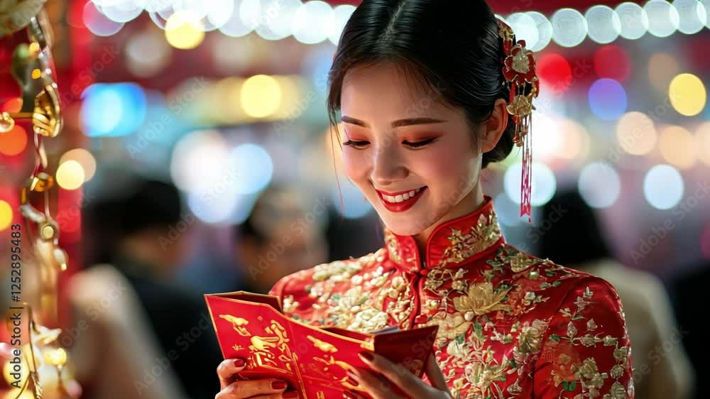 A stunning bride smiles serenely, adorned in a traditional red Qipao embroidered with intricate golden details, holding a red envelope amidst a vibrant festive backdrop. A stunning bride smiles serenely, adorned in a traditional red Qipao embroidered with intricate golden details, holding a red envelope amidst a vibrant festive backdrop.