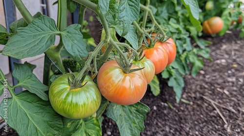 This vibrant image features fresh tomatoes on green vines, representing abundance and the joy of gardening, with colors that evoke freshness and vitality. photo