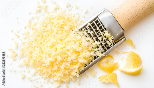 Fresh grated lemon zest on white background