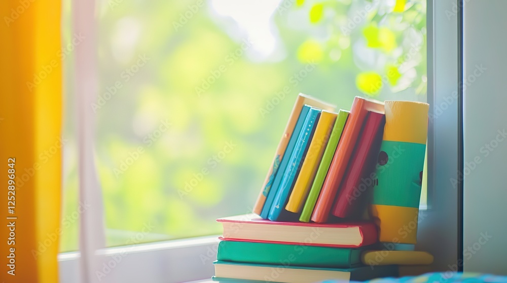 Stack of Children's Books on Window Corner in Children's Bedroom. Cozy Reading Nook Inspiration Stack of Children's Books on Window Corner in Children's Bedroom. Cozy Reading Nook Inspiration