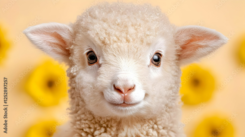 Fototapeta premium Adorable lamb, spring flowers background, Easter card