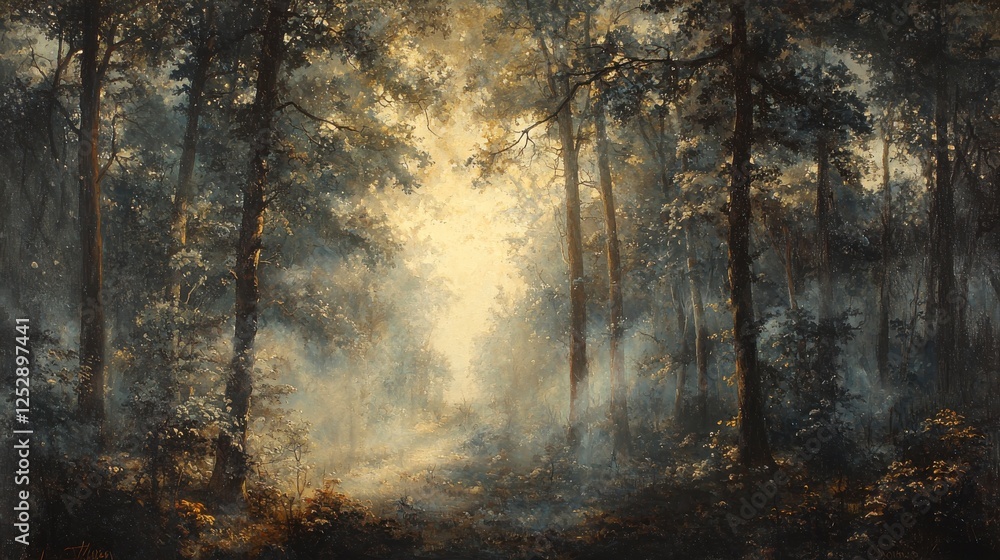 Naklejka premium Enchanting Forest at Dawn with Soft Light Filtering Through Trees and Mist in a Dreamy Nature Scene
