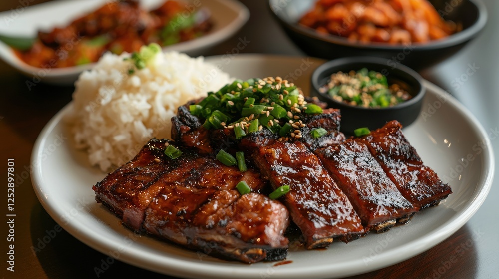 Plate of food on a wooden table. on the plate, there are several pieces of grilled meat, which appears to be pork ribs, arranged in a circular pattern. Plate of food on a wooden table. on the plate, there are several pieces of grilled meat, which appears to be pork ribs, arranged in a circular pattern.