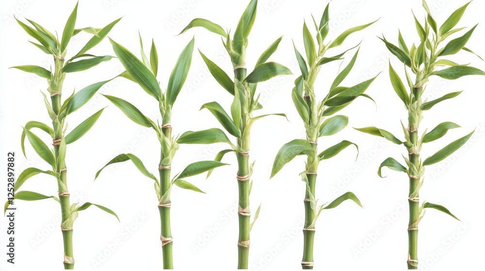 Fototapeta premium Fresh Green Bamboo Stems with Lush Leaves on White Background
