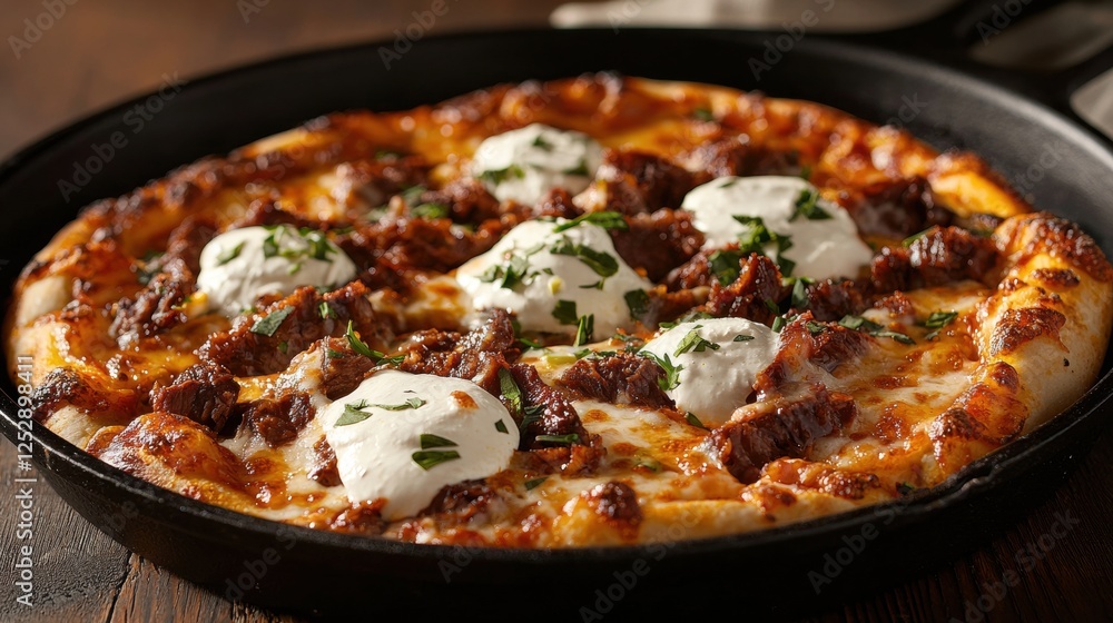 Close-up of a freshly baked pizza in a black cast iron skillet. the pizza has a golden-brown crust and is topped with melted cheese, chunks of meat, and a dollop of sour cream. Close-up of a freshly baked pizza in a black cast iron skillet. the pizza has a golden-brown crust and is topped with melted cheese, chunks of meat, and a dollop of sour cream.