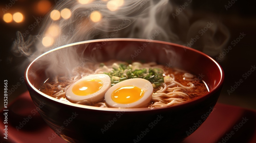 Close-up of a bowl of ramen soup. the bowl is black and is placed on a red placemat. the soup is a dark brown color and appears to be thick and creamy. Close-up of a bowl of ramen soup. the bowl is black and is placed on a red placemat. the soup is a dark brown color and appears to be thick and creamy.