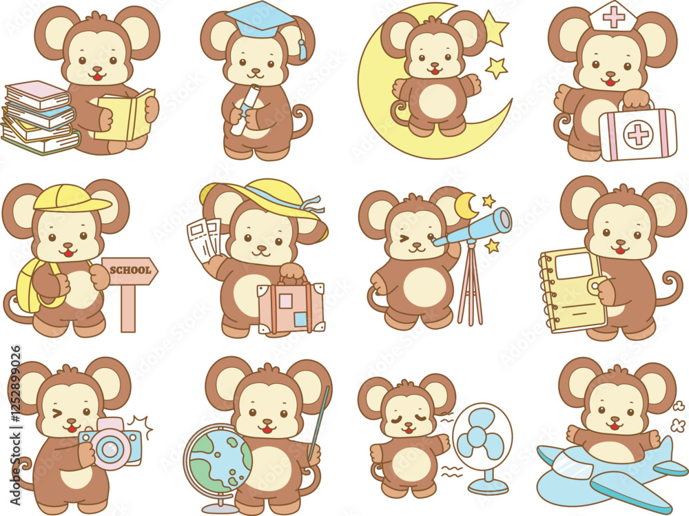 Cute Monkey vector icon. Funny baby Monkey animal series stock illustration. life of fluffy Monkey designs. Cute Monkey vector icon. Funny baby Monkey animal series stock illustration. life of fluffy Monkey designs.