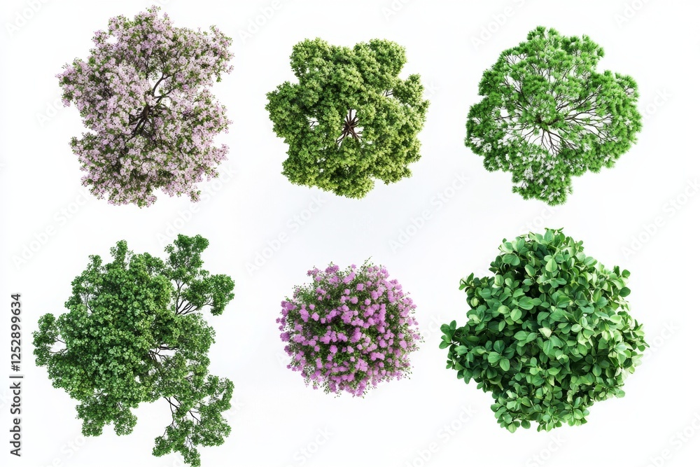 Overhead view of various trees, vibrant green and pink blossoms, isolated on white background. Ideal for landscaping design Overhead view of various trees, vibrant green and pink blossoms, isolated on white background. Ideal for landscaping design