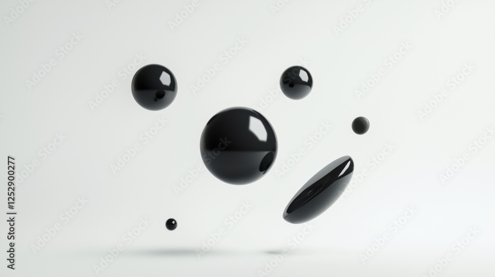 Group of six black spheres floating in the air. the spheres are of different sizes and shapes, with the largest one in the center and the smallest one on the right side. Group of six black spheres floating in the air. the spheres are of different sizes and shapes, with the largest one in the center and the smallest one on the right side.