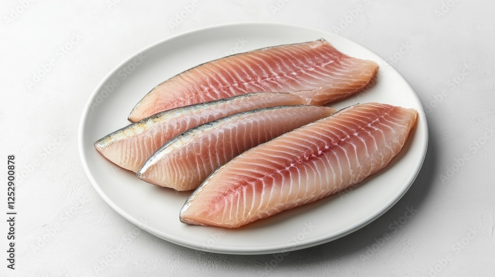 Fresh fish fillets on plate, kitchen, cooking prep Fresh fish fillets on plate, kitchen, cooking prep