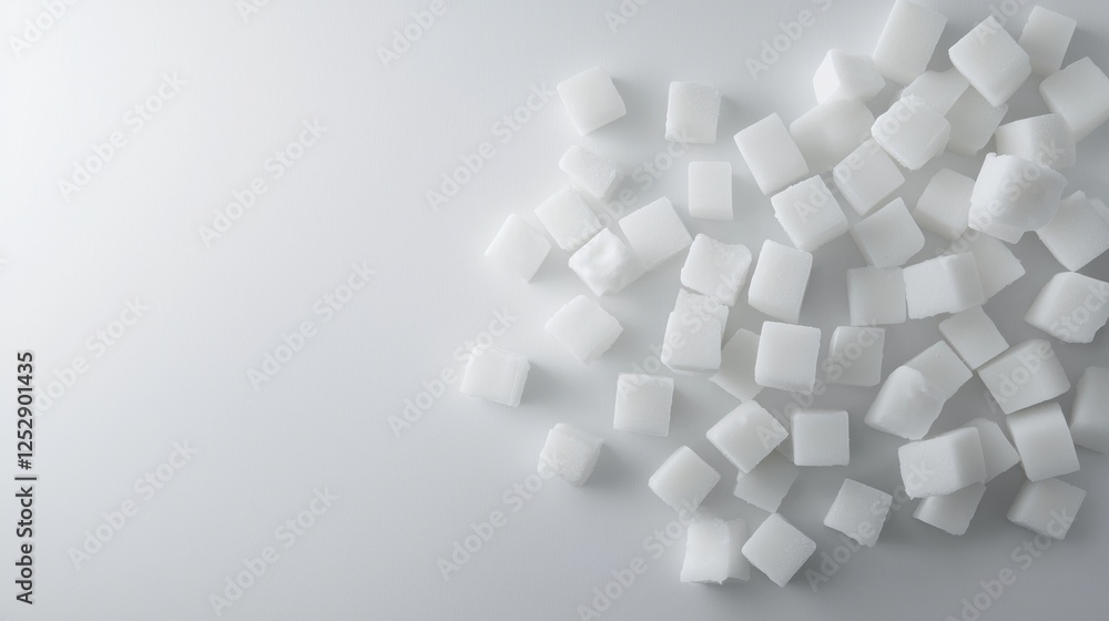 Obraz premium Pile of small, square-shaped sugar cubes on a plain white background. the sugar cubes are arranged in a scattered manner, with some overlapping each other.