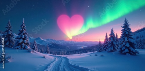 A Serene Winter Landscape with a Heart-Shaped Aurora Borealis Display Over Snowy Mountains and Evergreen Trees