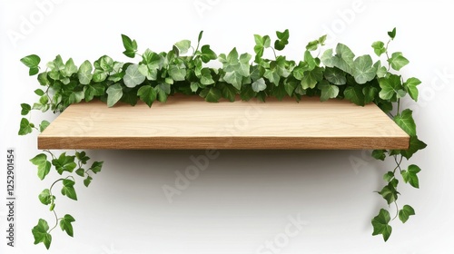 Wooden Shelf with Green Ivy Plant Decoration on White Background