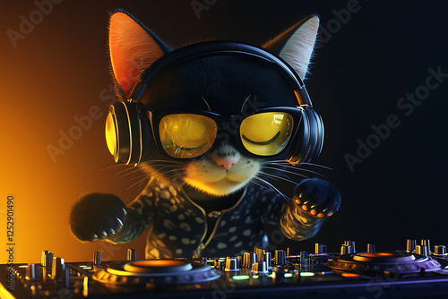 A playful black cat wearing headphones and sunglasses, DJing at a vibrant party scene with colorful lights photo