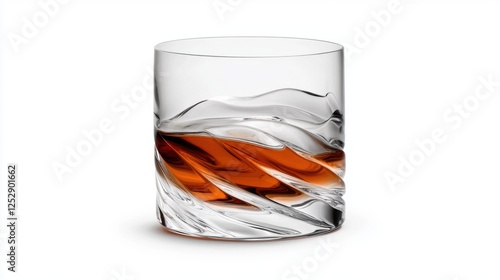 The image is of a glass of whiskey. the glass is tall and slender with a wide base and a narrow neck. it is made of clear glass and has a wavy, abstract design on the sides. photo