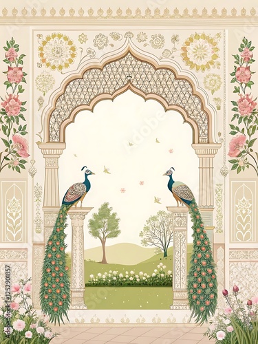 Wallpaper Mural Decorative Indian archway illustration with peacocks and flowers for a wedding invitation Torontodigital.ca
