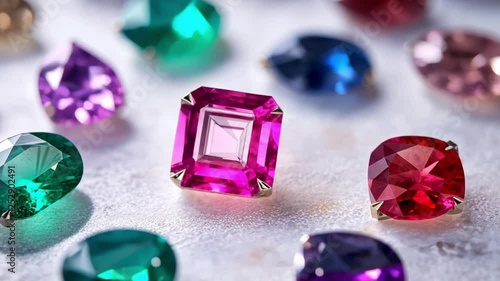 Radiant Gemstones: A vibrant collection of precious and semi-precious gemstones, showcasing a dazzling array of colors and cuts, including a captivating pink square-cut gemstone at the center.