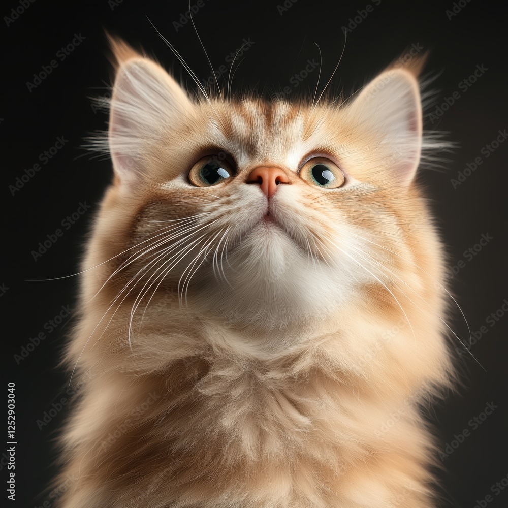Cute fluffy pet cat with bright eyes looking up to the sky in a cozy indoor setting Cute fluffy pet cat with bright eyes looking up to the sky in a cozy indoor setting