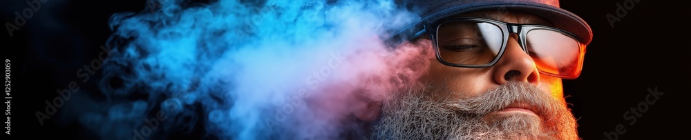 Obraz premium Man with glasses and a beard enjoying vibrant smoke colors in a creative environment at night
