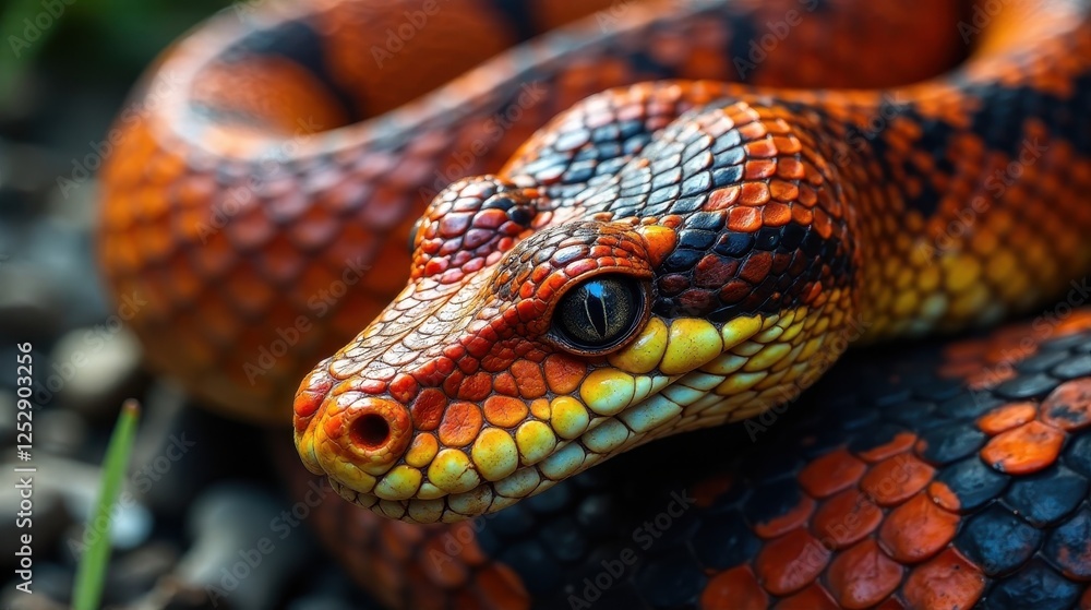 Close-up of a vibrant, scaled reptile with striking orange and black patterns, exhibiting intricate details of its head and scales. Close-up of a vibrant, scaled reptile with striking orange and black patterns, exhibiting intricate details of its head and scales.