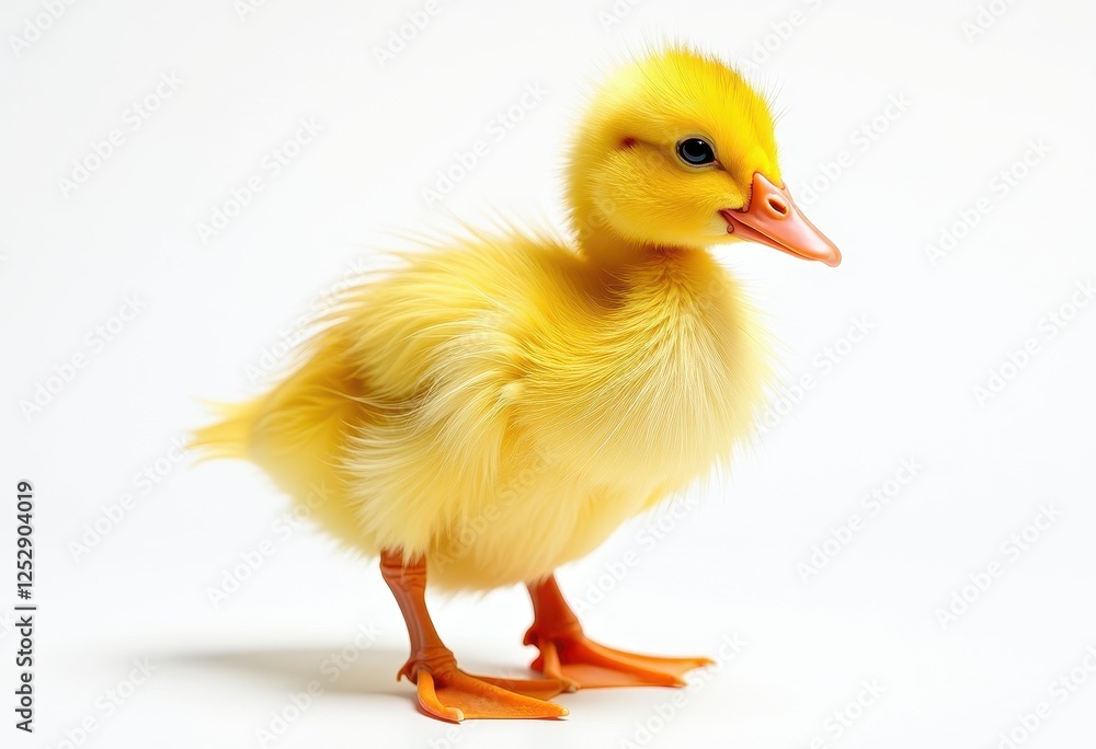 Fototapeta premium Fluffy yellow duckling with orange beak and feet, isolated on white background